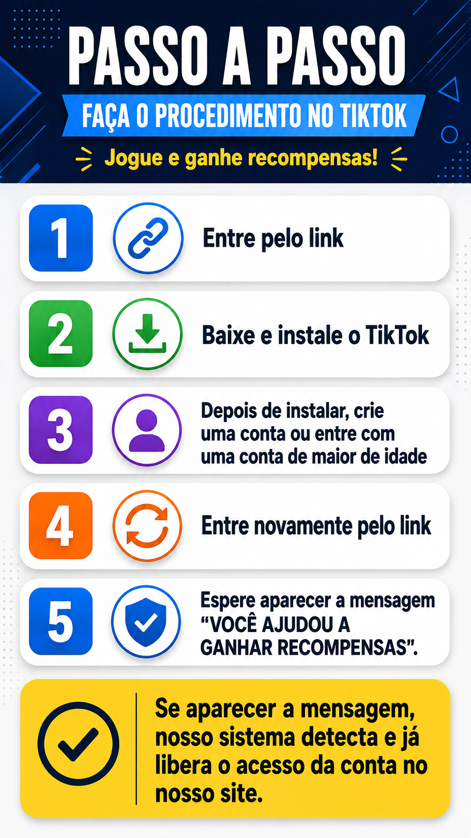 Passo a passo: entre pelo link, instale o TikTok, acesse uma conta de maior de idade, entre novamente pelo link e aguarde a mensagem de confirmação.